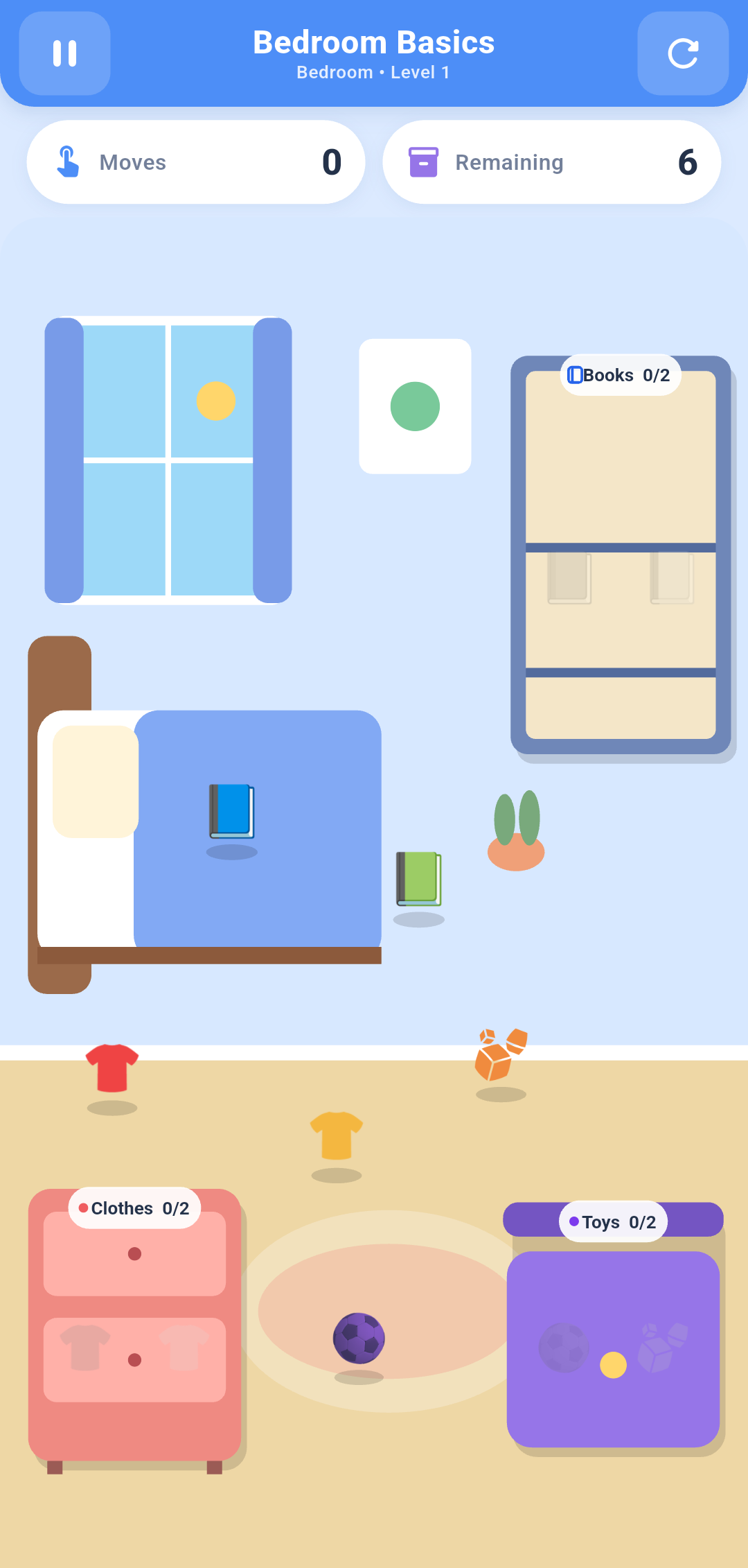 Sortly Bedroom Basics gameplay with books, clothes, and toys ready to be sorted